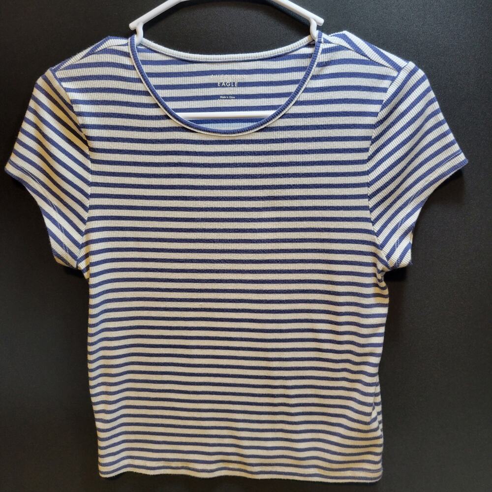 American Eagle Women's Large Blue and White Stripe T-shirt